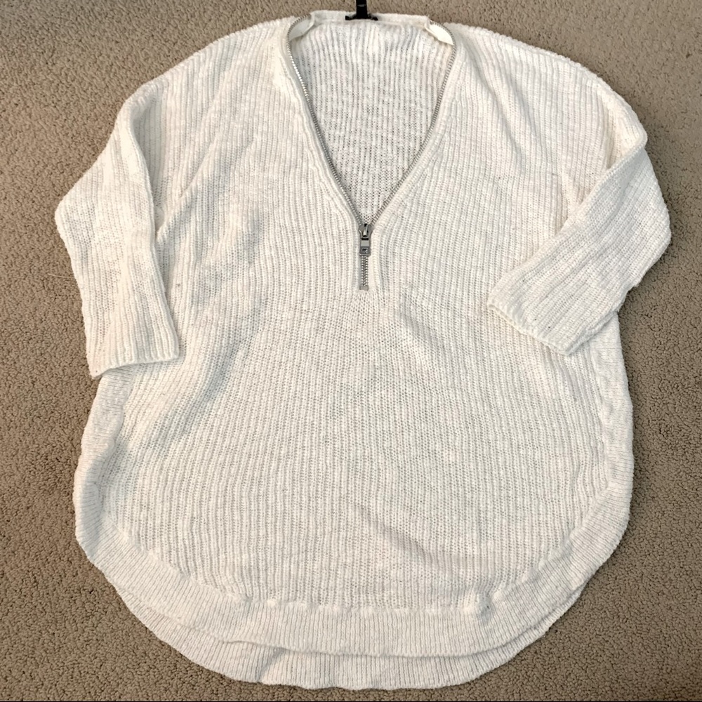 Express Long White Zipper Sweater, 3/4 length sleeves